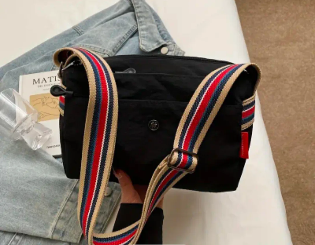 brand new Black Shoulder Bag with Striped Strap thumbnail
