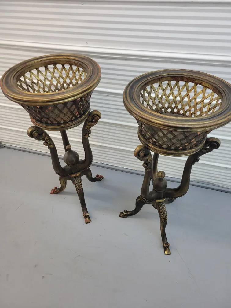 Pair of Vintage Wooden Plant Stands – Brass Painted Finish image indicator(2)