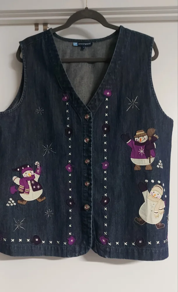 Denim Vest with Snowman Appliqués thumbnail