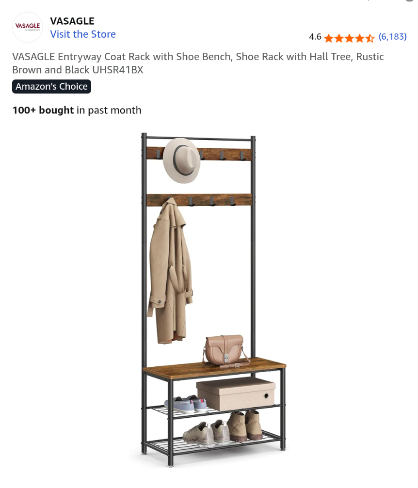 VASAGLE Entryway Coat Rack with Shoe Bench