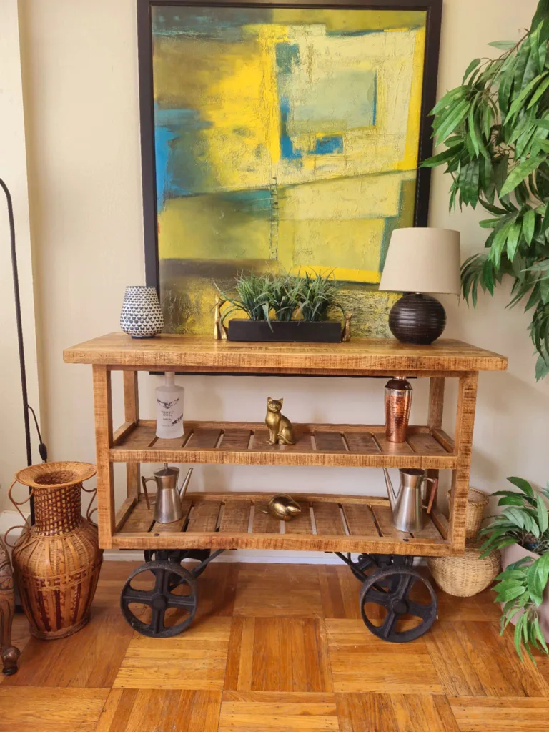 New Solid Mango Wood Console Table With Steel Wagon Wheels thumbnail