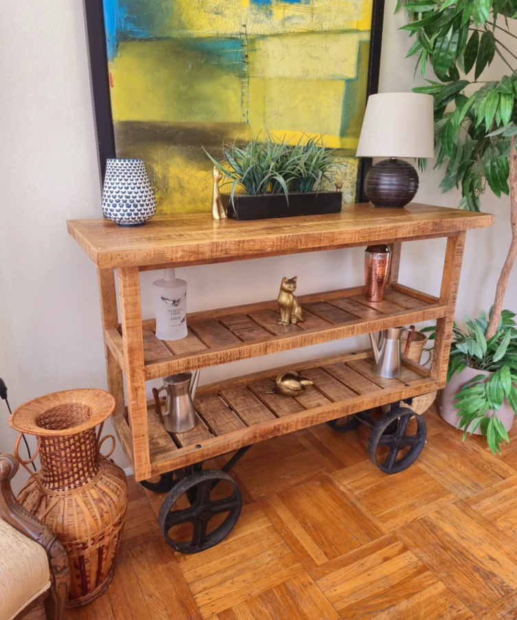 New Solid Mango Wood Console Table With Steel Wagon Wheels - photo 3