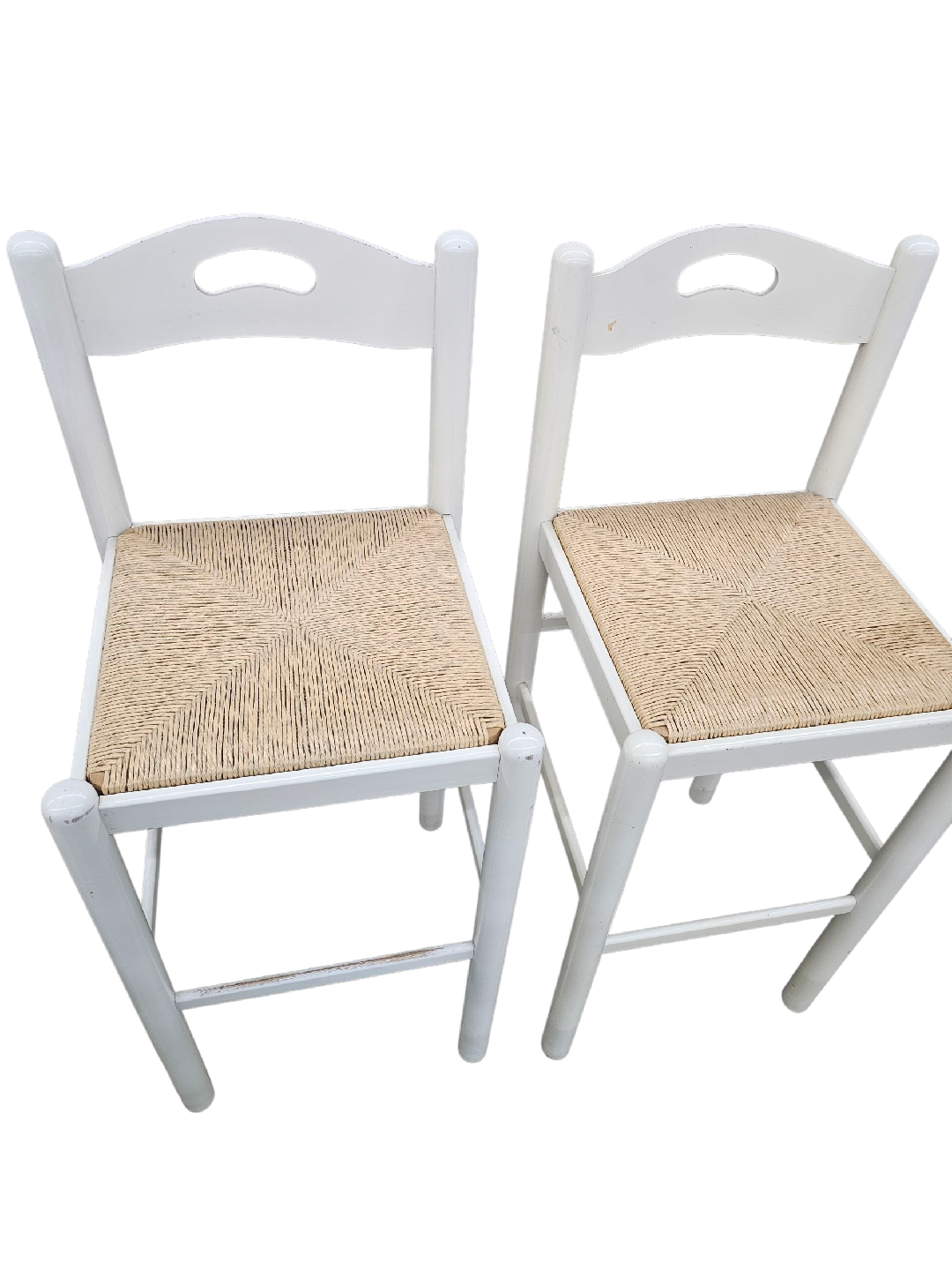 Set of 4 White Wooden Chairs with Woven Seats