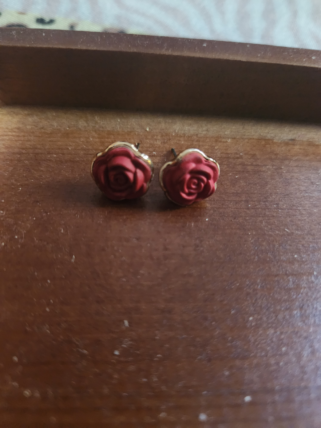 Rose Stud Earrings - Red & Gold