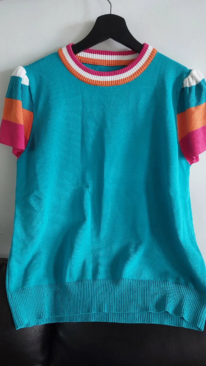 BRAND NEW Turquoise Knit Top with Colourful Trim & sleeves image indicator(3)
