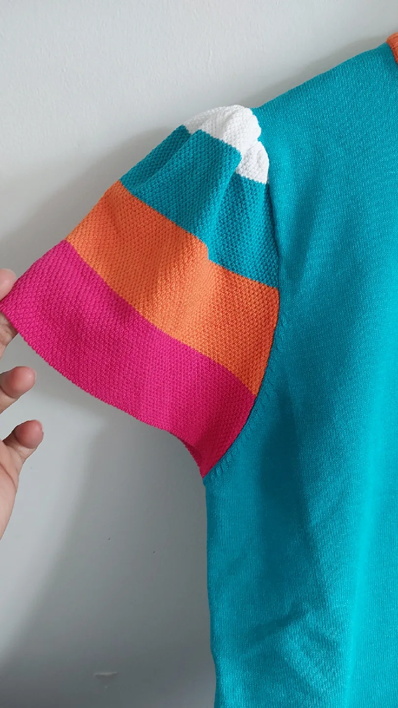 BRAND NEW Turquoise Knit Top with Colourful Trim & sleeves image indicator(5)