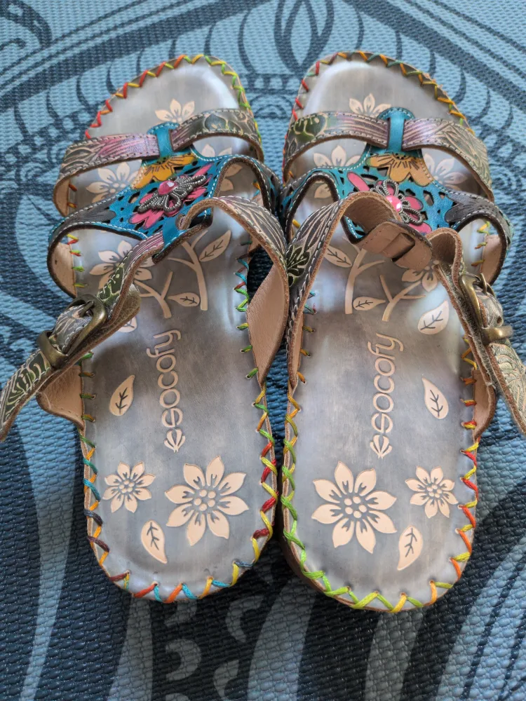 Socofy Floral Leather Sandals Size 8/39 image indicator(2)