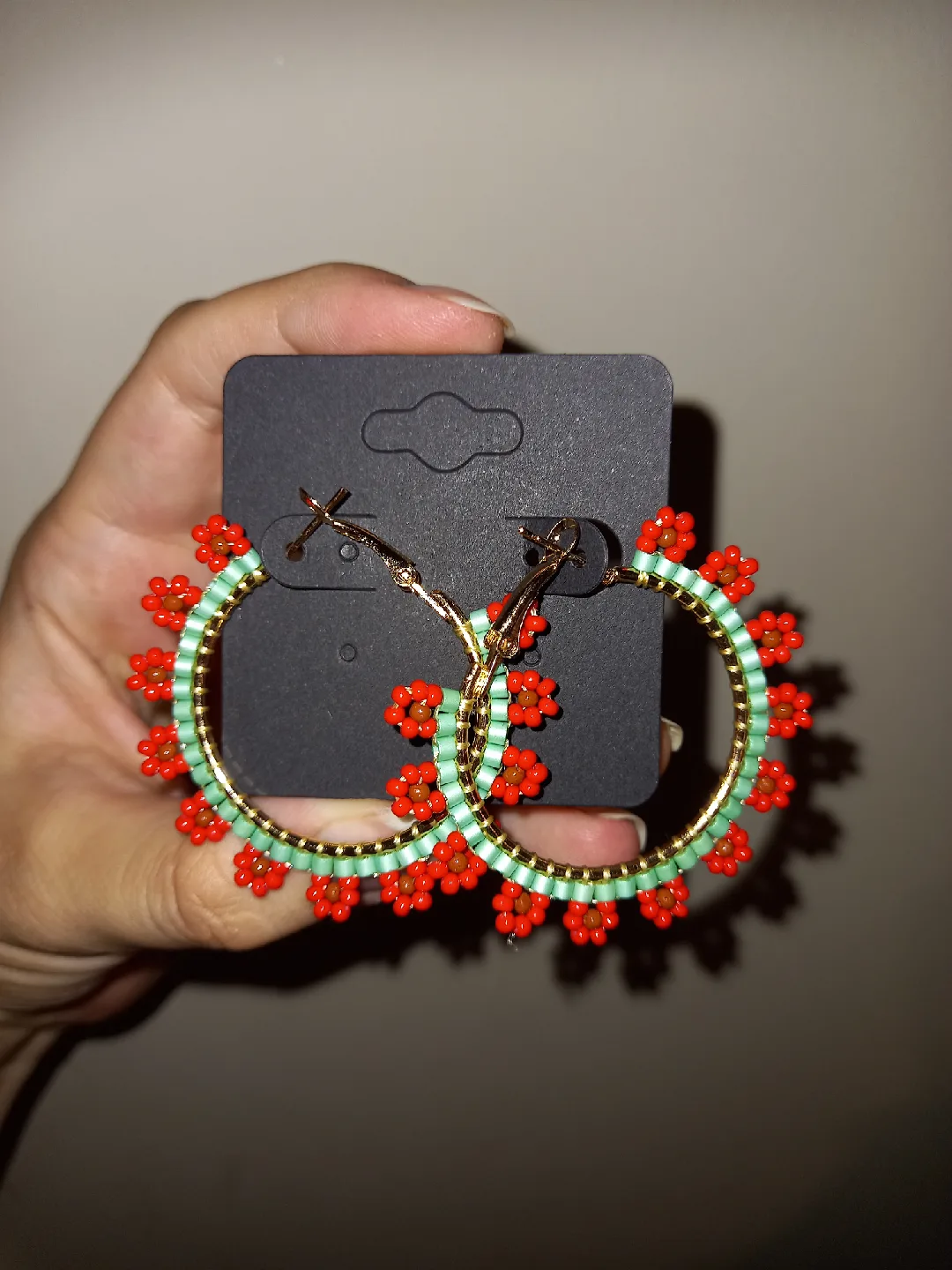 Handmade Beaded Hoop Earrings - Red & Mint image indicator(2)