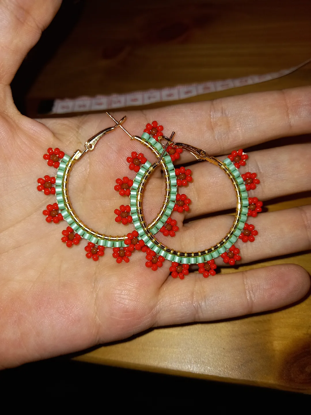 Handmade Beaded Hoop Earrings - Red & Mint image indicator(3)