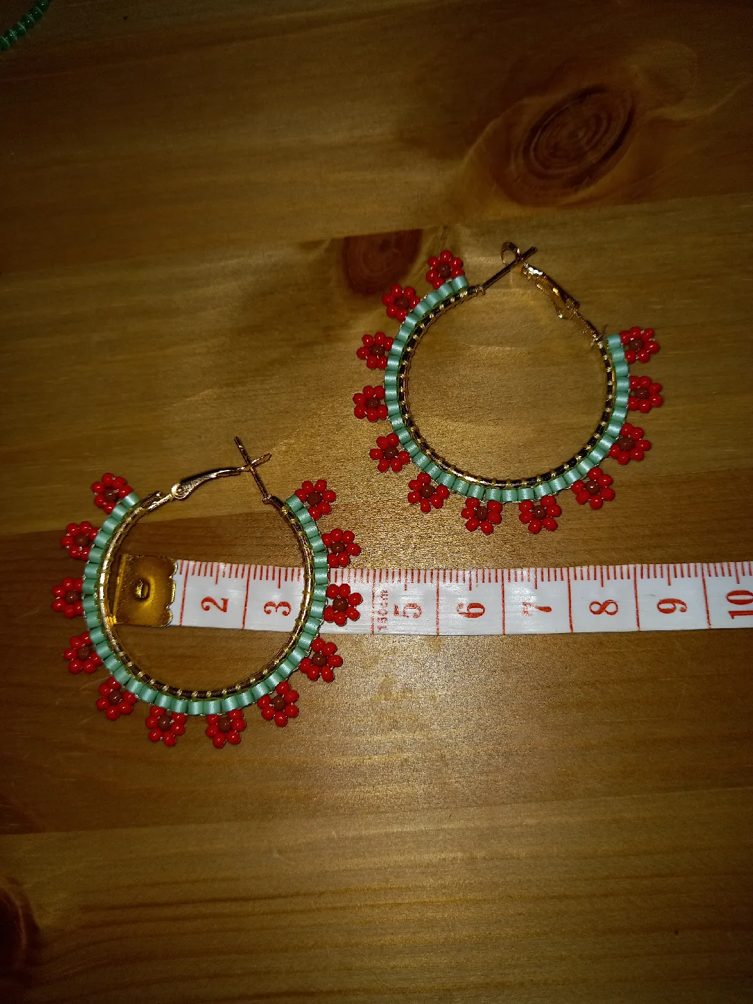 Handmade Beaded Hoop Earrings - Red & Mint image indicator(4)