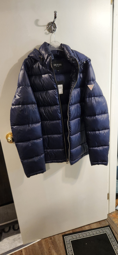 GUESS Adam Quilted Hooded Puffer - Navy, Large