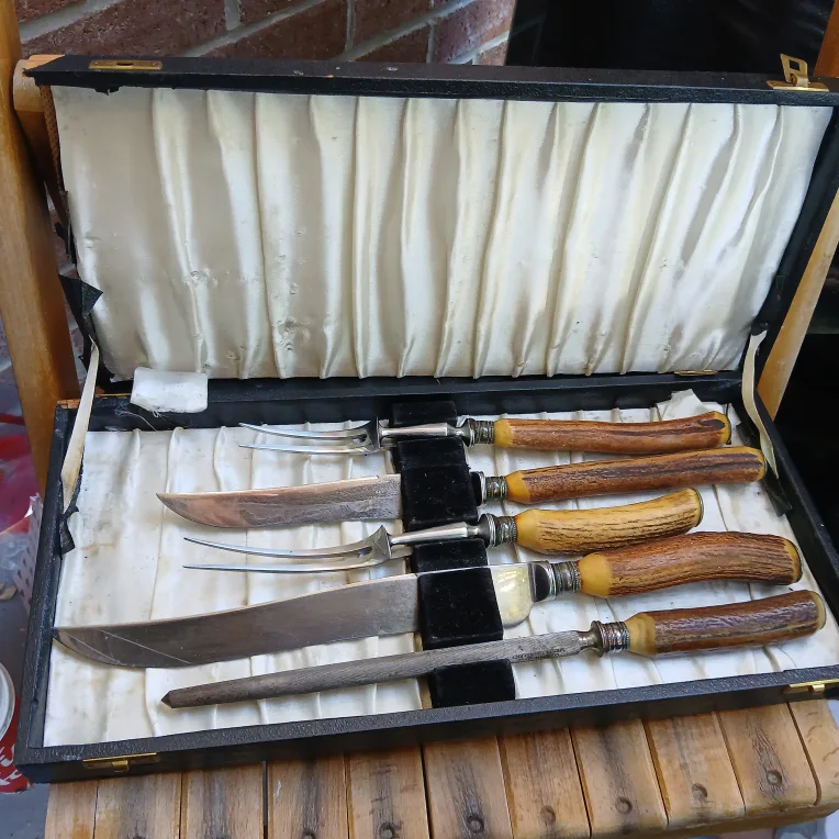 Vintage Carving Knife Set with Antler Handles thumbnail