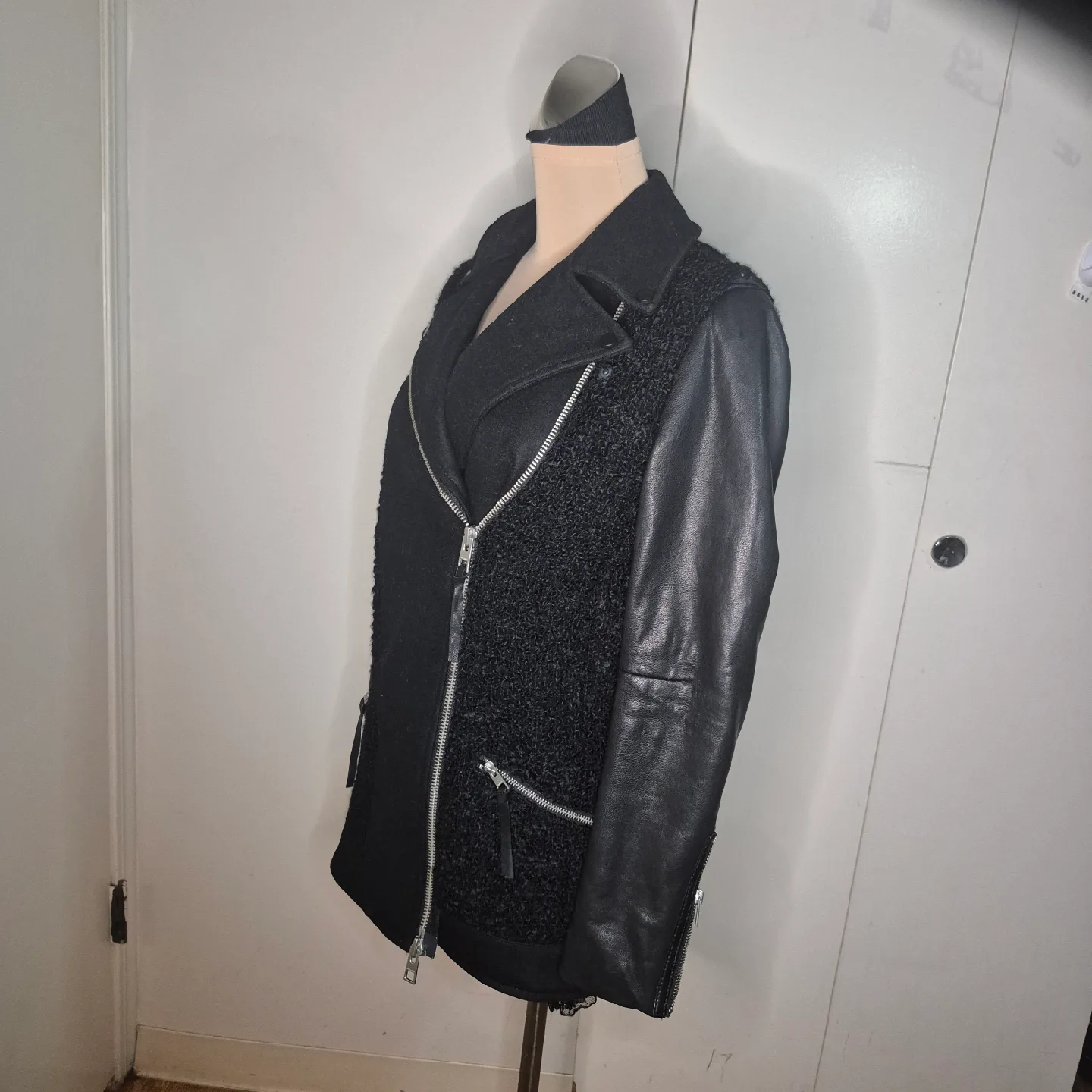 AllSaints Black Leather & Wool Blend Jacket - Size US 4 image indicator(7)