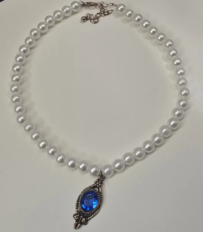 Pearl Necklace with Blue Gem Pendant image indicator(2)