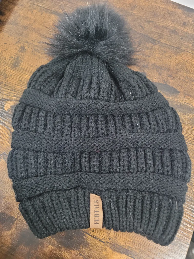FURTALK Black Knit Pom Pom Beanie thumbnail