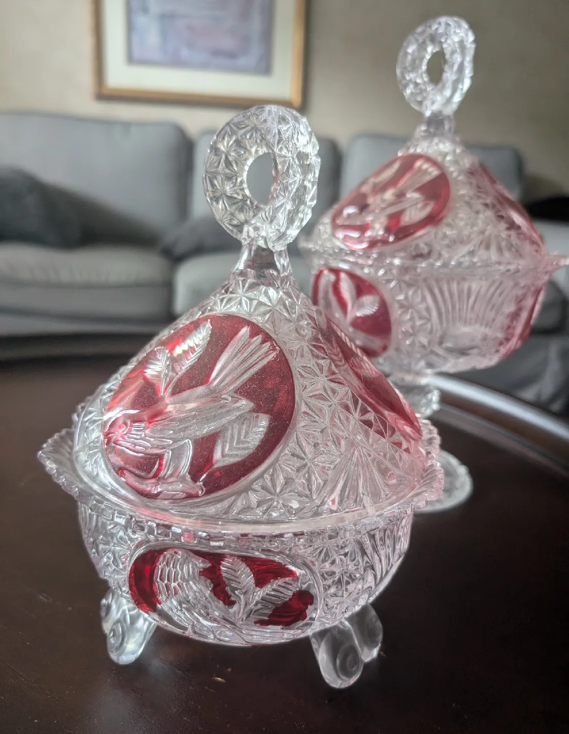 Two glass/Crystal bird motif Candy Dishes with Lids thumbnail