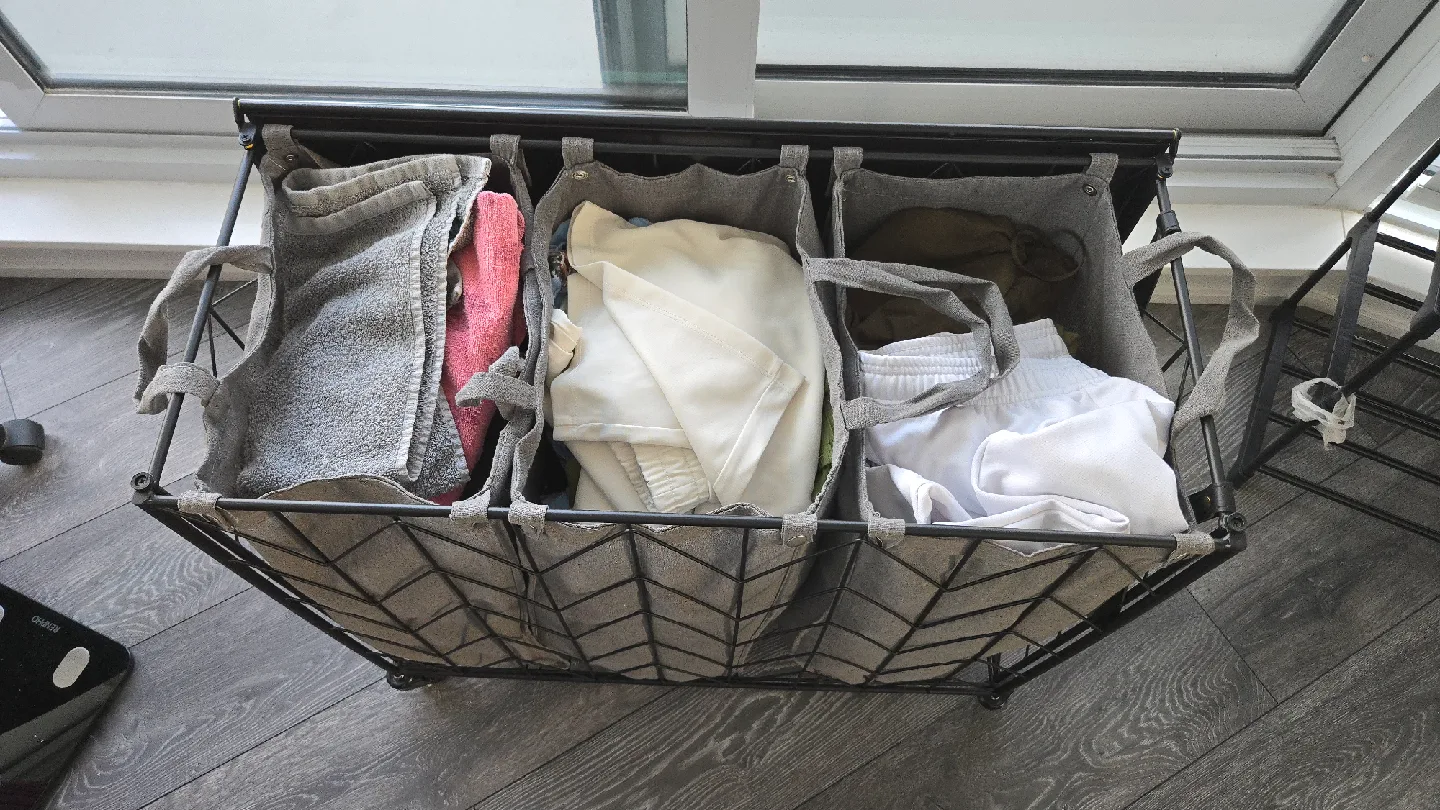 Triple Laundry Sorter Hamper with Wheels image indicator(2)