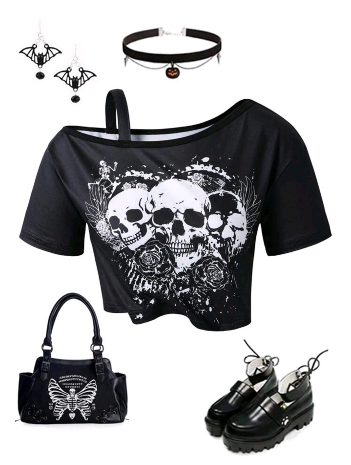 Halloween Kids Shein Skull Print One Shoulder Top