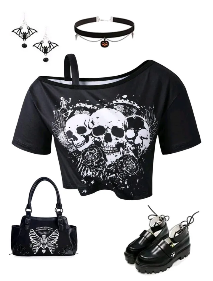 Kids Shein Skull Print One Shoulder Top thumbnail
