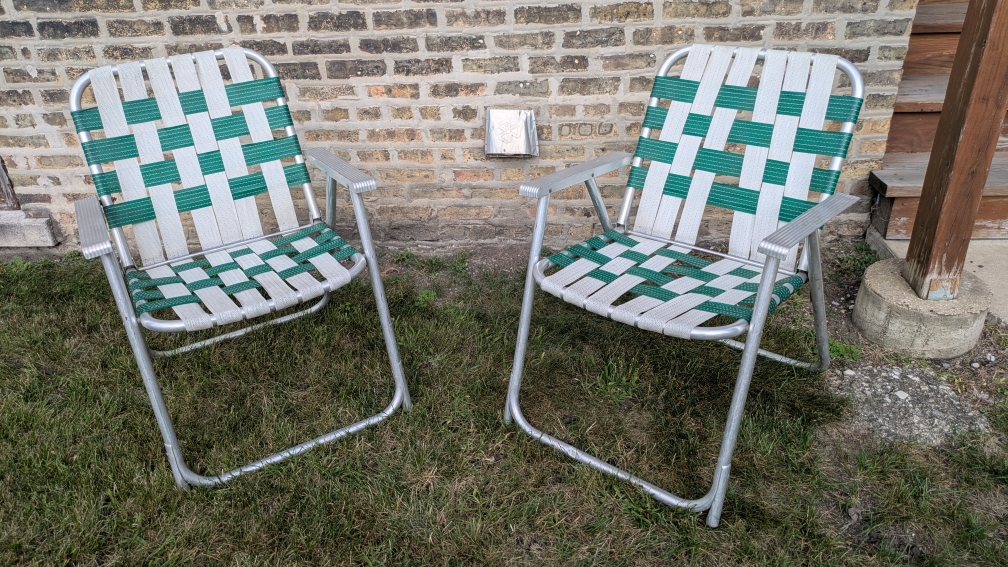 2 Vintage Green & White Webbed aluminum portable lawn chairs
