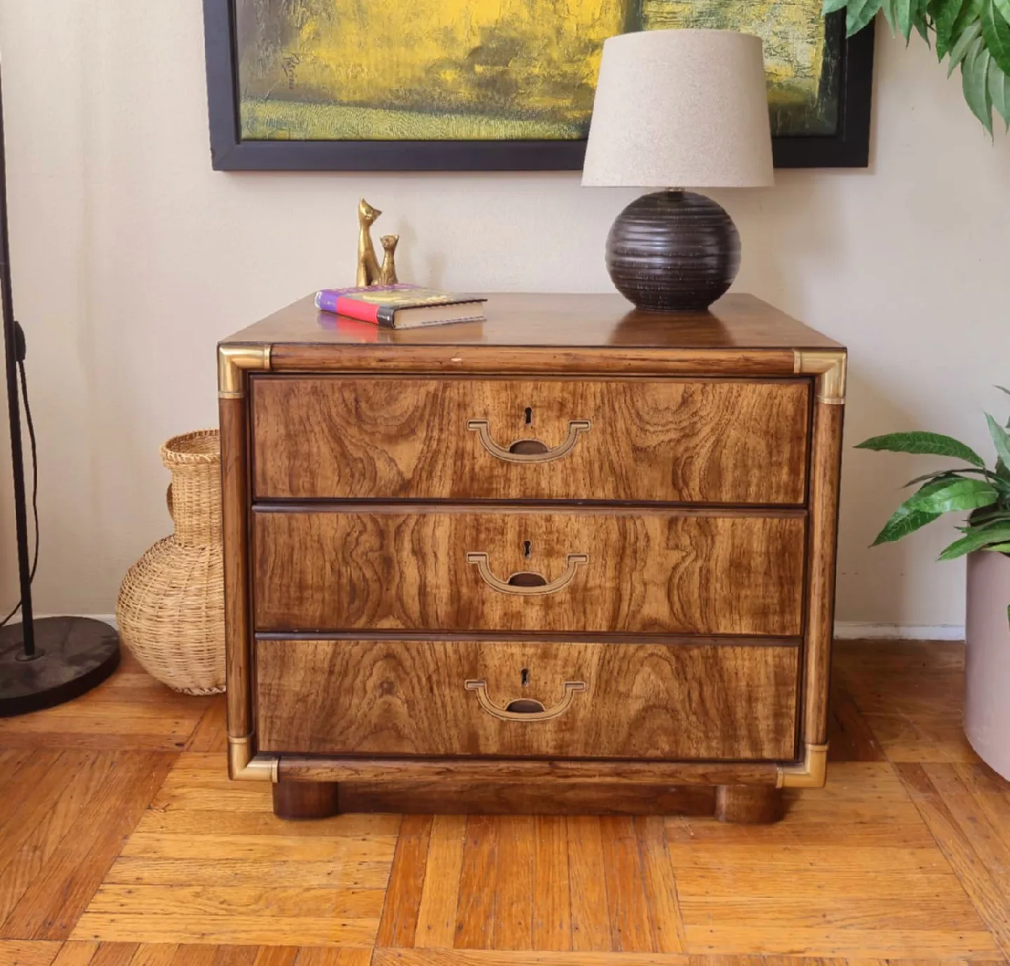 Single Solid Walnut Two Drawer Nightstand With Brass Accents thumbnail