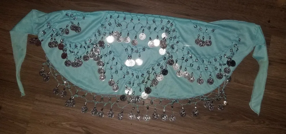 Belly Dance Hip Scarf - Turquoise with Silver Coins thumbnail