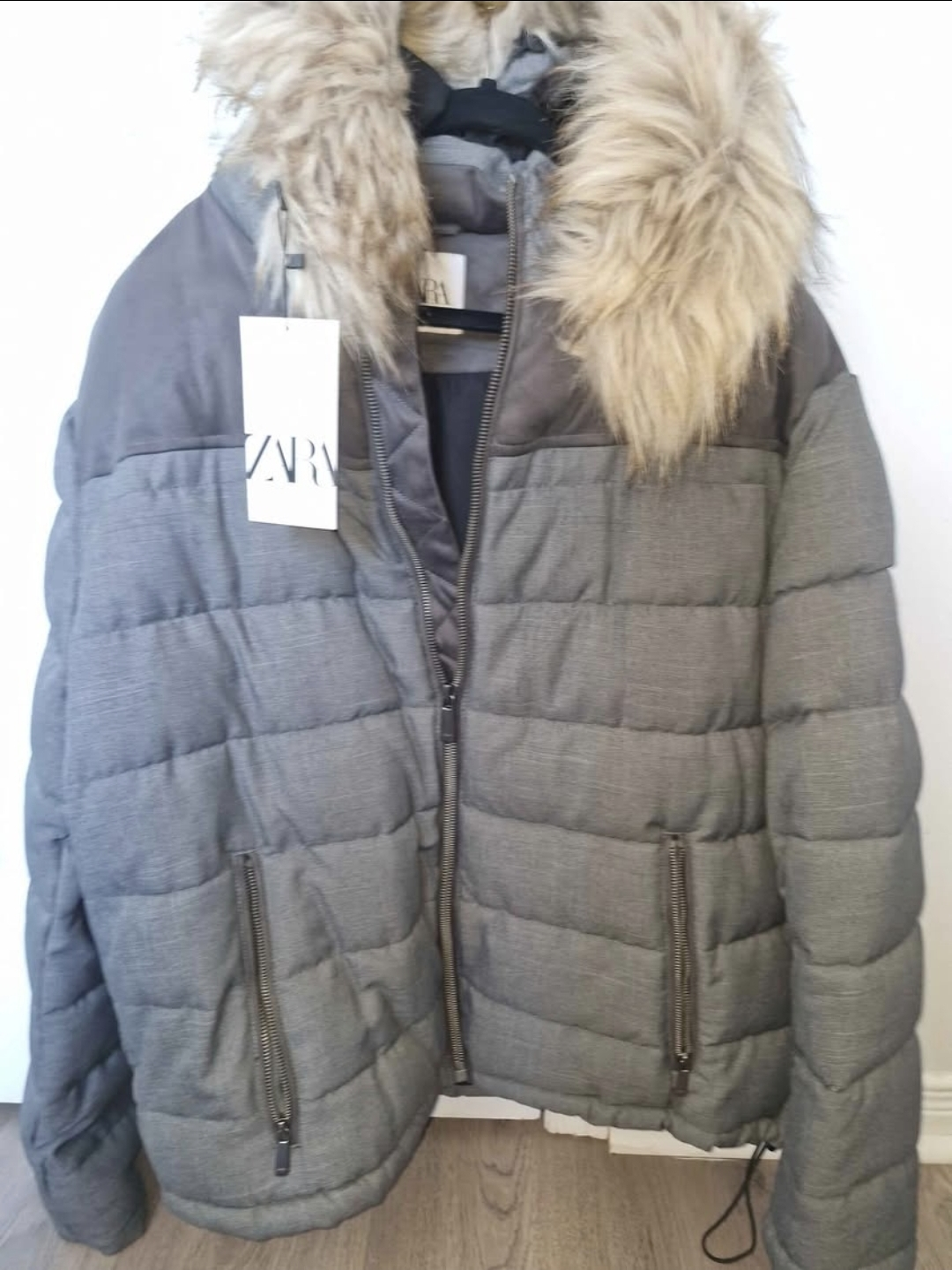 Zara XXL Grey Puffer Jacket with Faux Fur Hood
