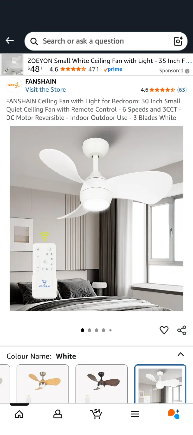 FANSHAIN White Ceiling Fan with Light & Remote thumbnail