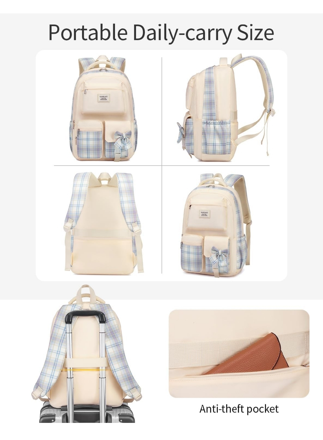 Vankany Plaid Bow Backpack for Girls - photo 3