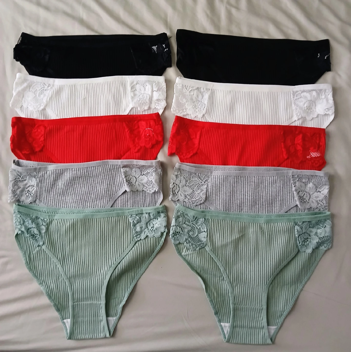 Ribbed Cotton Panties with Beautiful Lace Detail - 10 Pack