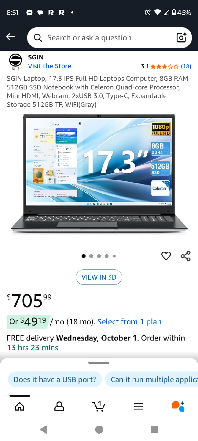 SGIN 17.3" Laptop, 8GB RAM, 512GB SSD image indicator(3)