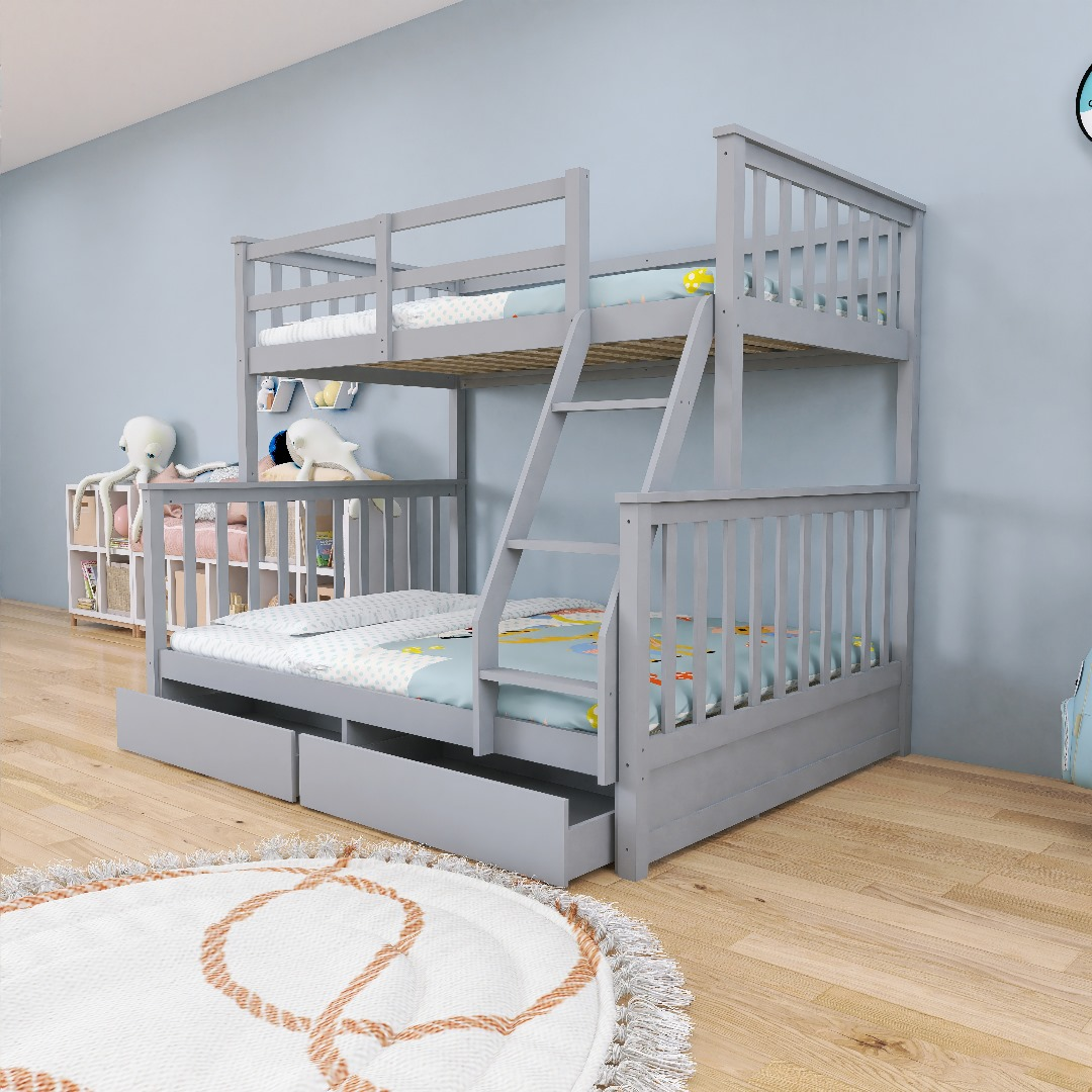 Grey Wooden Bunk Bed with Drawers