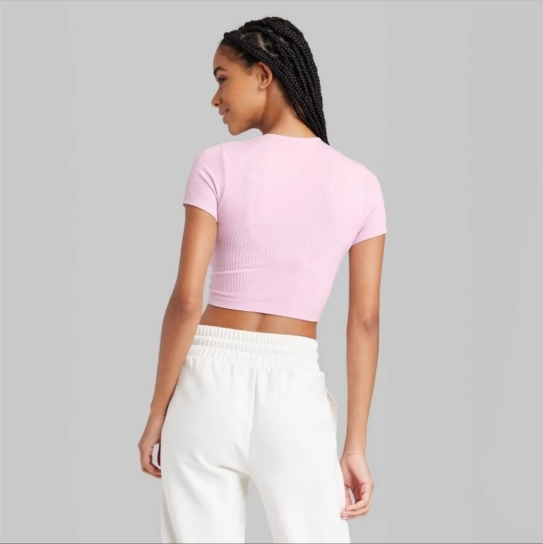 NWT Wild Fable Pink Sparkley Seamless Ribbed Crop Top - Size L image indicator(2)