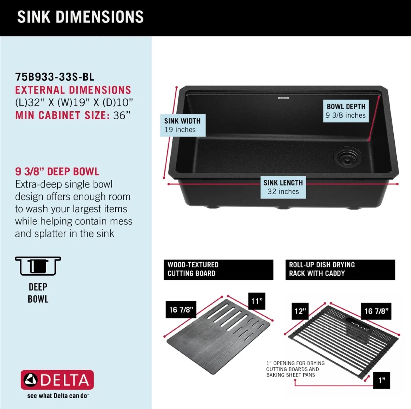 Delta Everest 32” Granite Kitchen Sink, Undermount, Black image indicator(10)