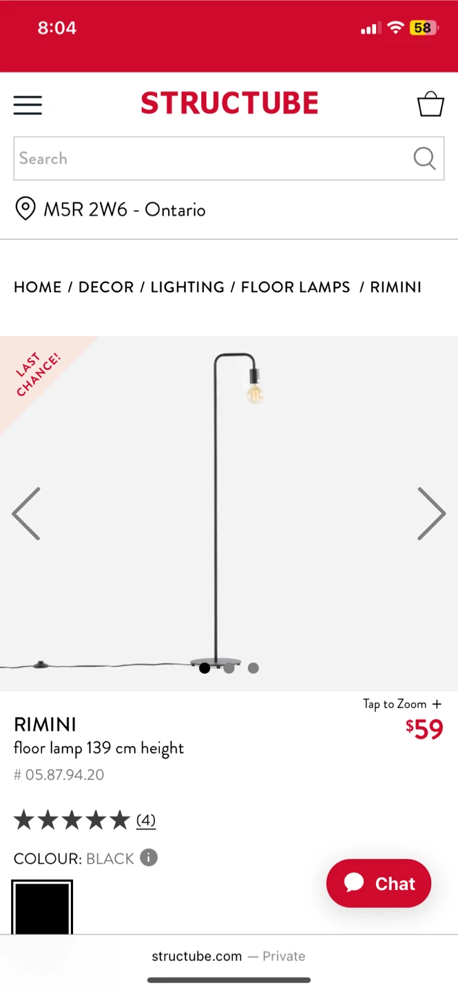 Structube Rimini Floor Lamp - Black, 139cm Height