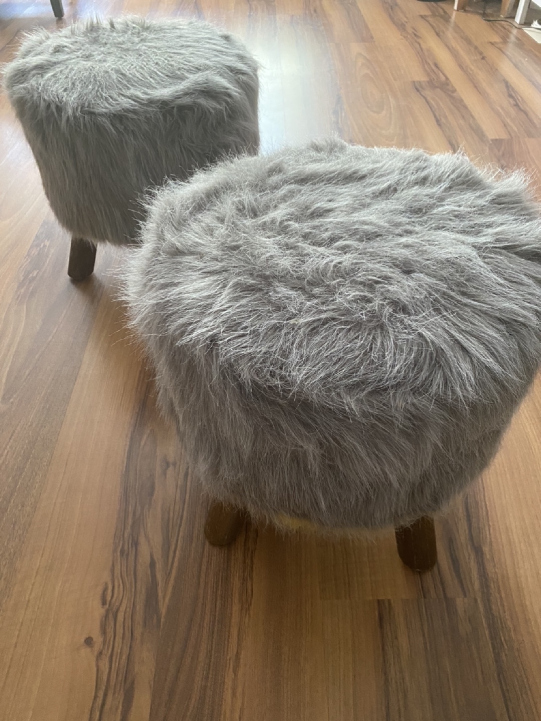 2 Grey Faux Fur Stools
