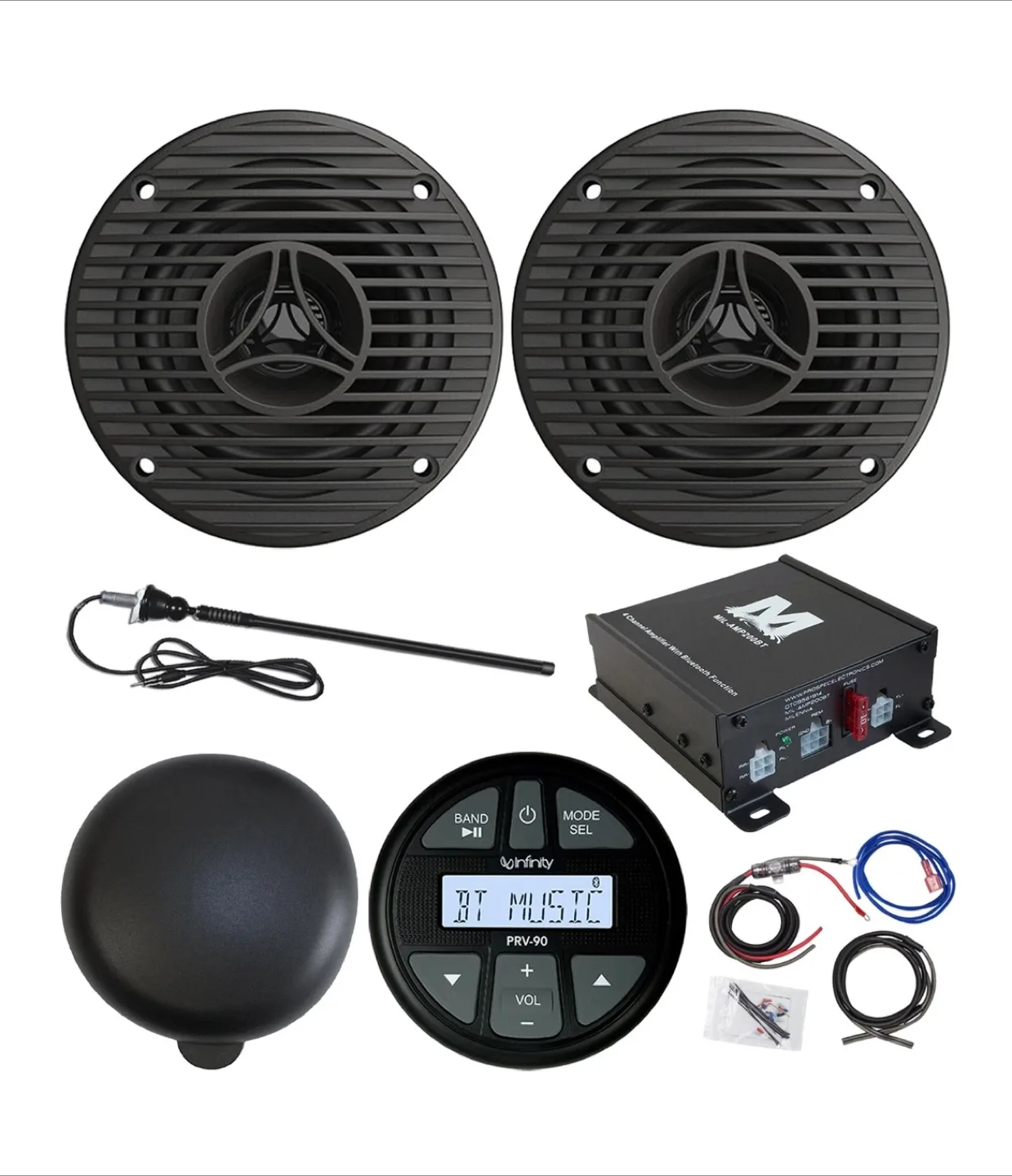 Infinity Marine Receiver, 2x 3.5" 75W Speakers, Amp w/Kit. New! thumbnail