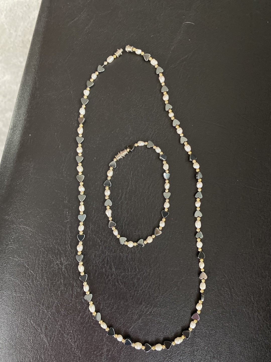 Pearl & Heart Bead Bracelet & Necklace Set