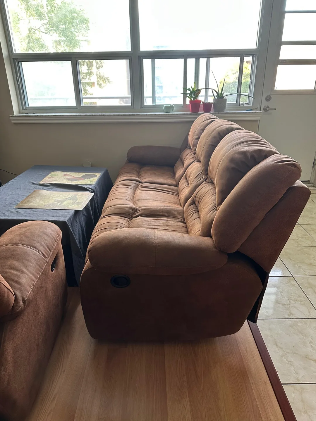 3 seater Brown Reclining Sofa and table thumbnail