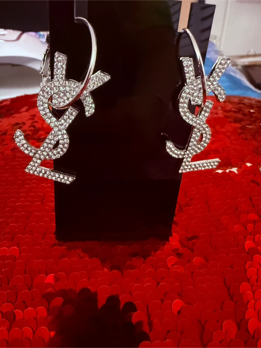 Sold/ pending delivery-YSL Rhinestone Logo Hoop Earrings - photo 3