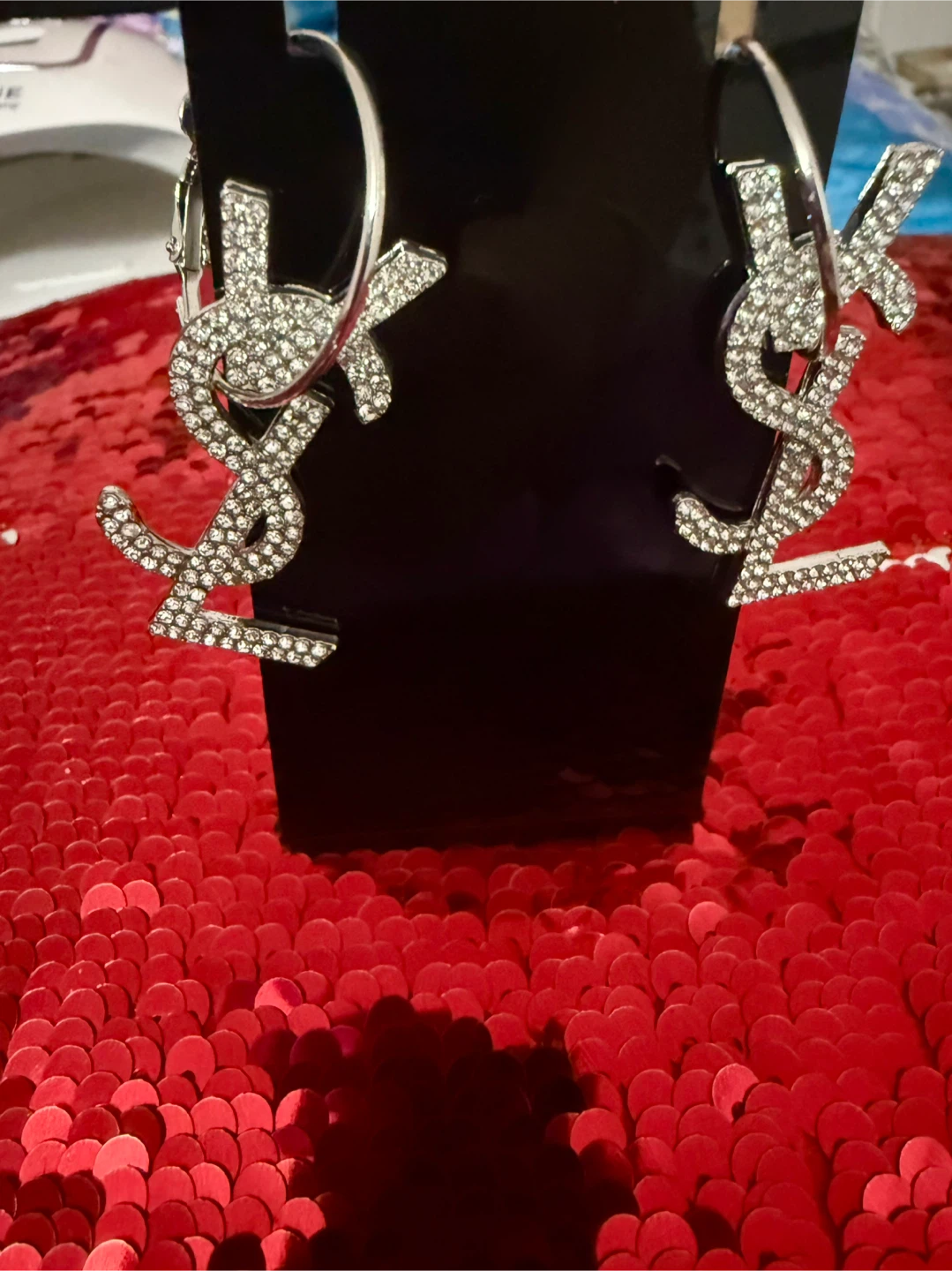 Sold/ pending delivery-YSL Rhinestone Logo Hoop Earrings - photo 2