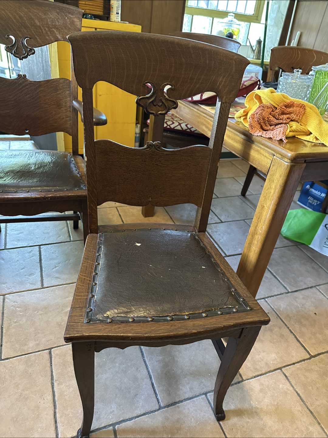 Antique Oak Dining Chairs with Leather Seats - photo 3