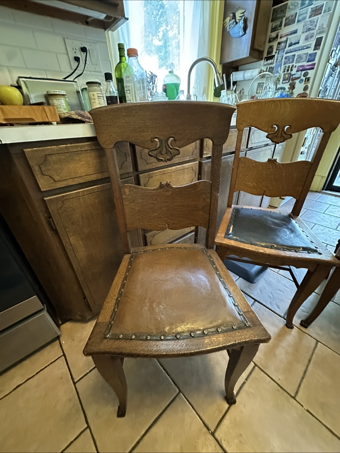 Antique Oak Dining Chairs with Leather Seats - photo 5