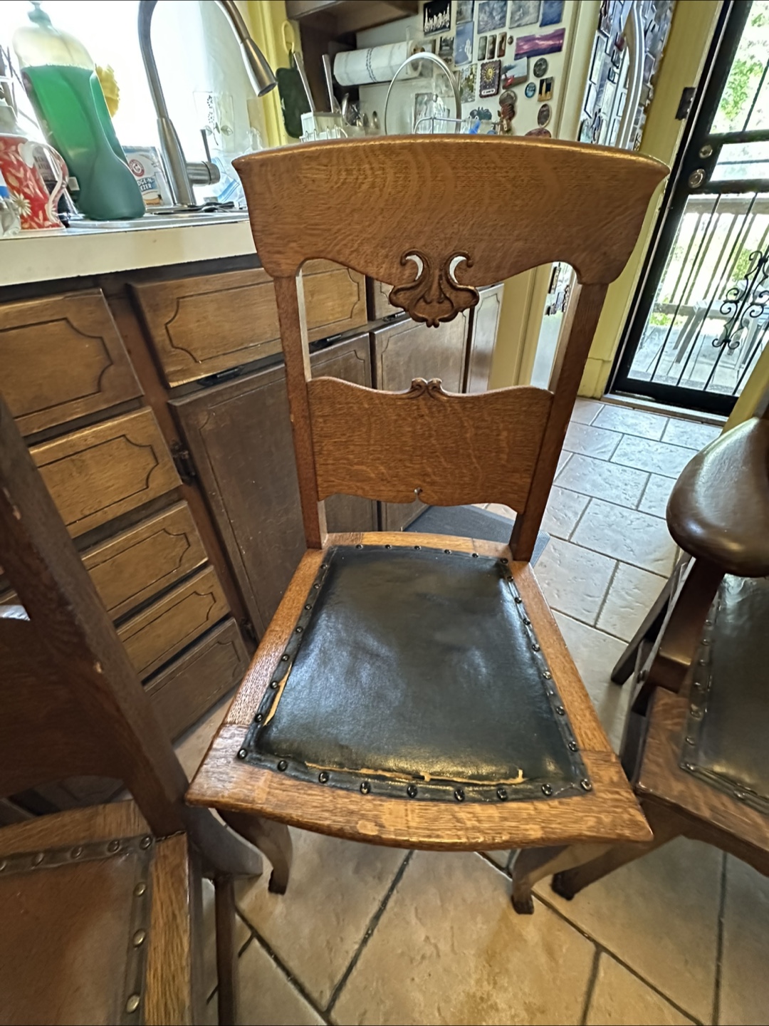 Antique Oak Dining Chairs with Leather Seats - photo 4