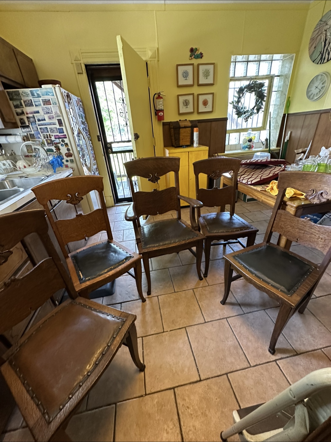 Antique Oak Dining Chairs with Leather Seats