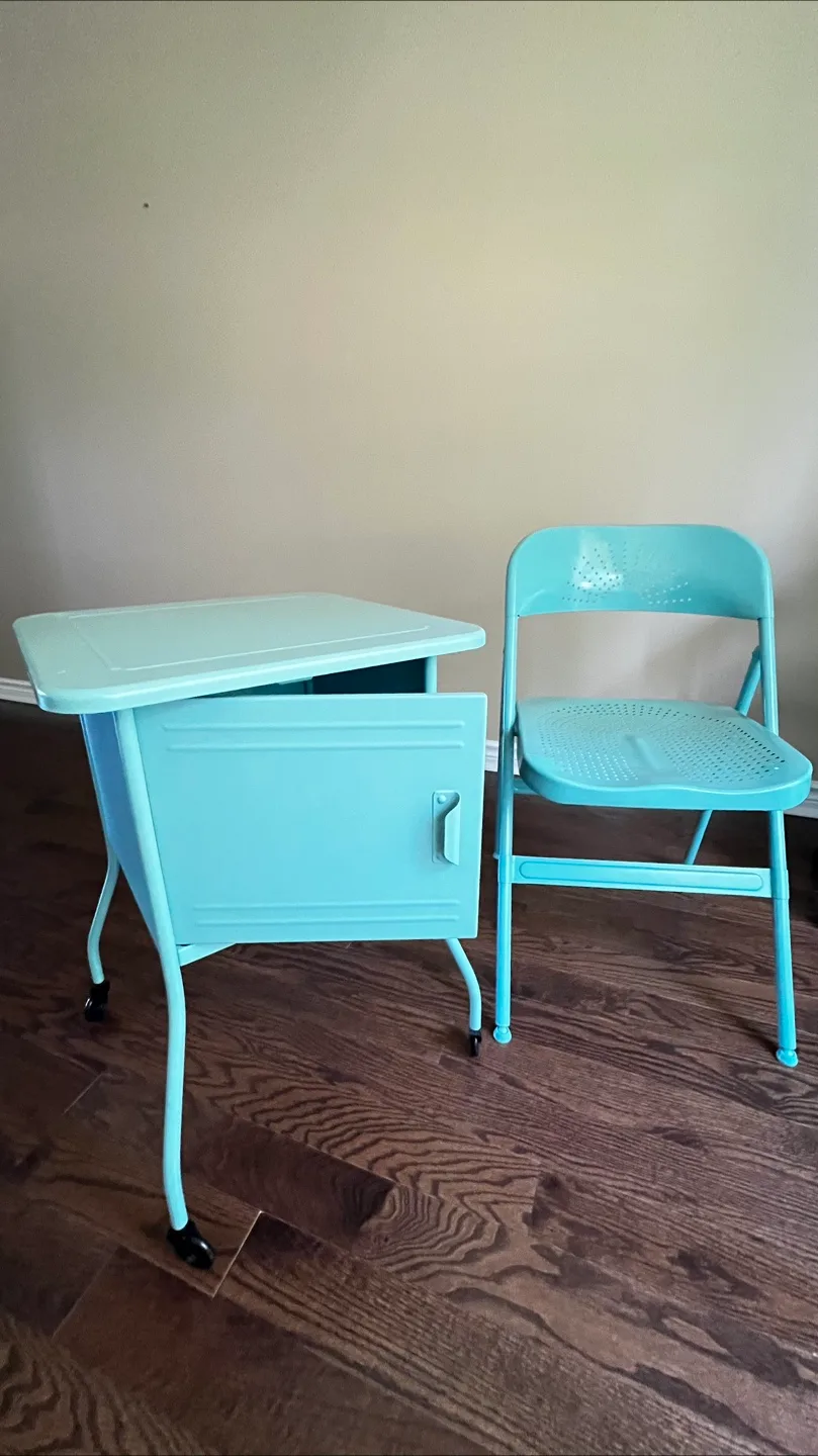 Vintage Metal Desk & Folding Chair Set - Aqua thumbnail