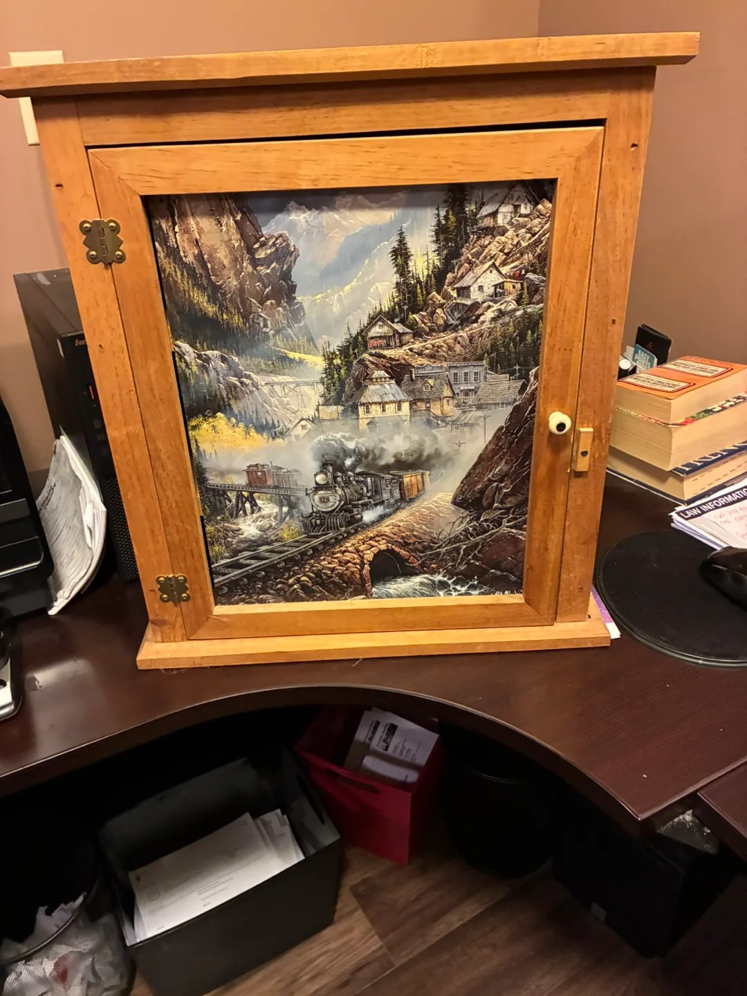 Wooden Wall Cabinet with Train Picture thumbnail