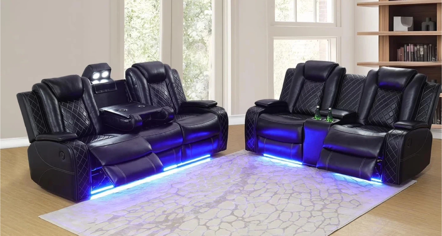 Brand New POWER, LED, USB  2PC Reclining Sofa Loveseat Set