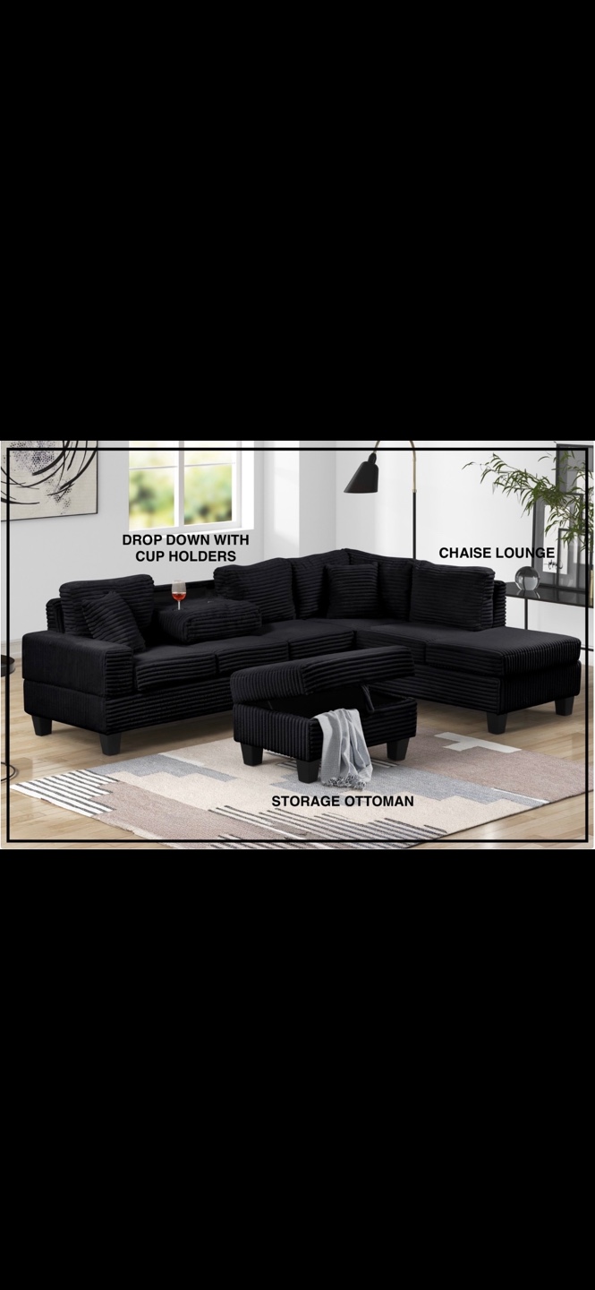 Black Corduroy Sectional Sofa with Chaise Lounge & Ottoman