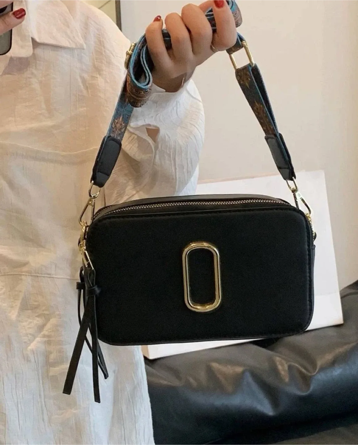 Black Camera Bag with Patterned Strap thumbnail